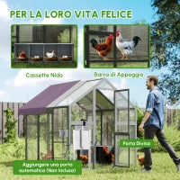 Recinto per Galline, Pollaio con Tetto Impermeabile, 2 Nidi, 2 Posatoi, per 6-8 Galline, 1.7 x 1.8 x 1.8 m, Grigio