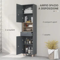 Colonna Bagno Moderna con Cassetto e Armadietti in Legno e Lega di Alluminio, 40x24x160 cm, Grigio