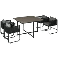 Set da Giardino 5 Pezzi in Rattan PE e Acciaio, 4 Sedie da Esterno con Cuscini e Tavolo Rettangolare