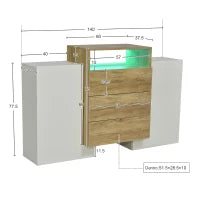 Credenza Moderna con 2 Ante, 2 Ripiani e 3 Cassetti, con Illuminazione a LED, 140x30x77.5 cm, Bianco e Color Legno Naturale