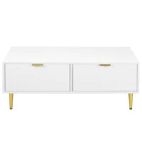 Tavolino da Salotto Moderno con 2 Cassetti e Design a Righe Verticali, 100x50x40 cm - Tavolino da Divano, Bianco+Oro