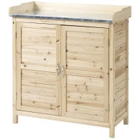 Armadio da Giardino con 2 Ripiani, Piano di Lavoro in Metallo con Bordo Rialzato, 83 x 40 x 92 cm, Legno Naturale