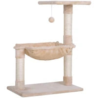 Torre per Gatti max 3.6kg con Amaca e Pallina Appesa, in Legno e Peluche, 50x36x70 cm, Beige
