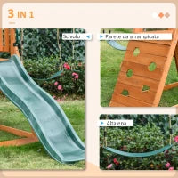 Set con Scivolo, 2 Altalene da Giardino e Parete da Arrampicata in Legno per Bambini Età 3-8 Anni