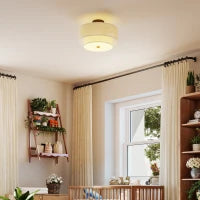 Lampada a Soffitto, Lampada a Sospensione con Doppi Paralumi in Lino, Bianco crema