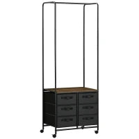 Appendiabiti da Terra con Mobile da 6 Cassetti in Tessuto e Ripiano Aperto, 63.5x40x172.5 cm, Nero e Marrone