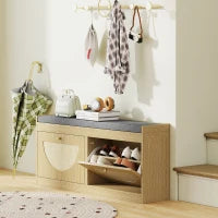 Panca Portascarpe con Sedile Imbottito, Ante Frontali in Rattan e Ripiano Regolabile, per 8 Paia di Scarpe, Legno Naturale