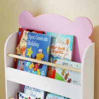 Libreria per Bambini con 3 Ripiani a Forma di Orsetto con Barriere Frontali, 55x15x110 cm, Rosa
