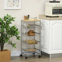 Carrello da Cucina Salvaspazio con 4 Cesti Estraibili in Legno e Acciaio, 36.5x36.5x89 cm, Argento e color Legno