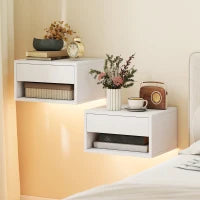 Set 2 Comodini Sospesi con LED RGB Integrati e Regolabili con APP, Cassetto e Ripiano, 37x32x21 cm, Bianco