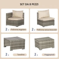 Salotto da Giardino in Rattan PE da 8 Pezzi con Poltrone, Tavolini e Sgabelli, Beige