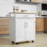 Carrello da Cucina con Ruote, Isola da Cucina con Cassetto, Armadio e Porta-Strofinacci, Bianco