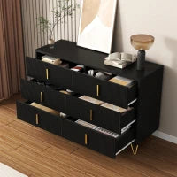 Credenza con 6 cassetti, maniglie e gambe dorate, texture ondulata, 120x40x77 cm, Nero e Oro