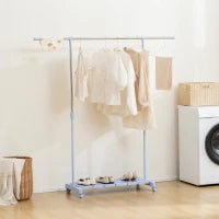 Stendibiancheria Estensibile con Ruote con Asta in Acciaio Inox e Mensola per Scarpe 159x42x168 cm Blu e Argento