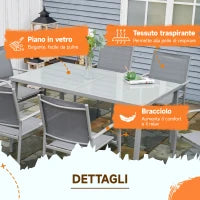 Set da Giardino con Tavolo in Vetro Temperato e 6 Sedie con Tessuto a rete, Grigio