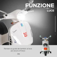 Moto Elettrica per Bambini Design Vespa, Batteria 6V con Suoni e Luci, Età 3-6 Anni, Bianco