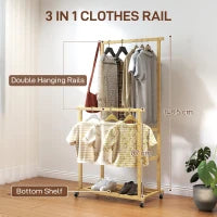 Stender Appendiabiti con 2 Barre, Ripiano Inferiore e 4 Ruote in Bambù, 80x40x160 cm, Legno Naturale