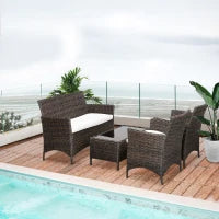 Salottino da giardino esterno Set 4 Pzi:1 Divano/2 Poltrone/1 Tavolino, Set da Giardino in Rattan,  Caffè Scuro e Bianco