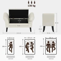 Panca Contenitore con Braccioli, in Tessuto Effetto Velluto e Legno, 111.5x41x65 cm, Bianco Crema
