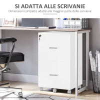 Armadietto da Ufficio con 2 Cassetti e 5 Ruote, Schedario in MDF e Truciolato, 43x45x72 cm, Bianco