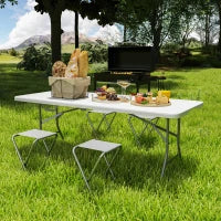 Tavolo da Giardino Pieghevole con Maniglia, Acciaio e Plastica, 180x74x74 cm, Bianco
