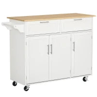 Carrello da Cucina Multiuso in Legno con 2 Cassetti, 3 Antine e 4 Ruote 121x46x91cm - Bianco
