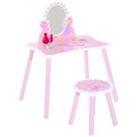 Toeletta per Bambini con Sgabello in Legno, Tavolo Trucco con Specchio Moderno e Cassetto, 59L x 39P x 77A cm, Rosa