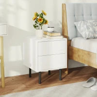 Comodino con 2 cassetti ad apertura a pressione e piedi in acciaio, 40x40x50 cm, Bianco
