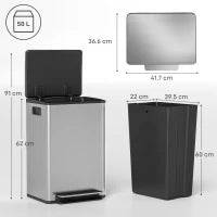 Pattumiera da 50 L a pedale, con secchio estraibile e chiusura soft, 41,7x36,6x62 cm, Argento