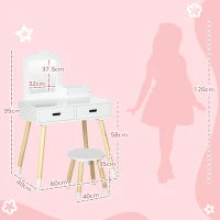 Set Toeletta per Bambini con Tavolo Trucco e Sgabello, Specchio e 2 Cassetti, Bianco e Colore Legno