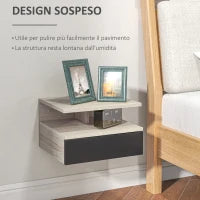 Set di 2 Comodini Sospesi Moderni con Cassetto e Mensola Superiore, 35x32x22.5cm, Rovere e Nero