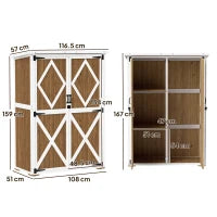 Capanno da Giardino in Legno di Abete con 2 Ripiani e 2 Porte, 116.5x57x159/167 cm, Marrone e Bianco