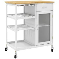 Carrello da Cucina con Ruote, Multi-Archiviazione, Armadio con Porta, Portabottiglie, Ripiani, Cassetto, Bianco