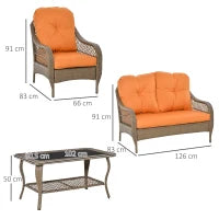 Set Mobili da Giardino in Rattan PE con 2 Poltrone Divano a 2 Posti e Tavolo e Cuscini, Colore Khaki e Arancione