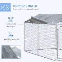 Kennel per Cani in Metallo Galvanizzato con Tettuccio in Tessuto Oxford e Porta con Blocco, 400x230x232cm, Argento