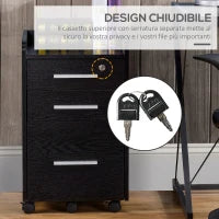 Cassettiera Portadocumenti in Legno a 3 Cassetti con Chiavi di Sicurezza e 5 Ruote, 39.2x40x65.4 cm, Nero