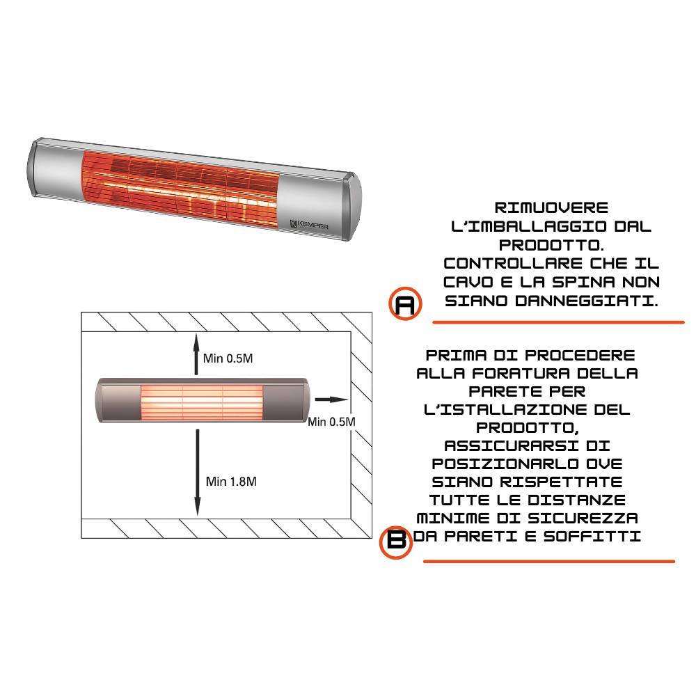 Riscaldatore elettrico infrarossi kemper 65437kw20 2000w per esterni