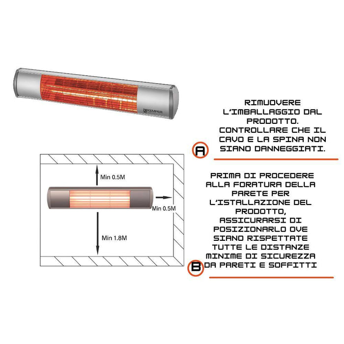 Riscaldatore elettrico infrarossi kemper 65437kw20 2000w per esterni
