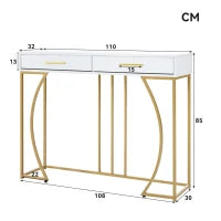 Tavolo Consolle con 2 Cassetti, Maniglie Dorate e Gambe Regolabili, Design Elegante e Moderno, in MDF, 110 x 32 x 85 cm, Bianco