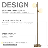 Lampada da Terra con 2 Luci e Paralumi a Sfera, Interruttore a Pedale e Attacco E27, Ø28x165 cm, Oro