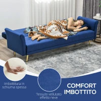 Divano Letto Clic Clac con Schienale Regolabile e 2 Cuscini, in Tessuto Effetto Velluto, 215x83x87 cm, Blu