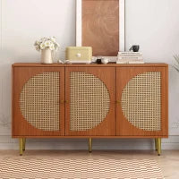 Credenza Moderna con 3 Porte in Rattan, Maniglie in Metallo, per Cucina e Soggiorno, 129.8x40x76 cm, Colore Noce