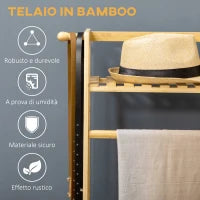 Appendiabiti in Bambù, Design Rialzato a 2 Livelli con Barra e 2 Ganci, 114x40x139 cm