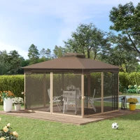 Gazebo da Giardino con Zanzariera, Doppio Tetto e Struttura Metallo, 3.7x3m Marrone e Beige