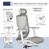 Sedia Ergonomica da Ufficio con Poggiatesta, Inclinazione e Altezza Regolabile, Poltrona Girevole Basculante con Ruote e Schiena in Rete, 67x65x120-128cm, Grigio