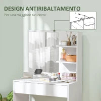 Tavolo da Trucco con Specchio, 3 Ripiani ad Angolo e Cassetto, in Legno e Vetro, 75x40x137 cm, Bianco