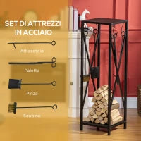 Portalegna da Interno ed Esterno Salvaspazio in Metallo con Paletta, Scopino, Attizzatoio e Pinza, 34x34x111cm, Nero