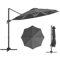 Ombrellone a Braccio per Esterno con Luci a LED e Angolo Regolabile, in Alluminio e Poliestere Ø3x2.5 m, Grigio