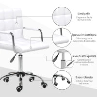 Sedia da Ufficio in pelle PU Bianca con 5 Ruote Girevoli, Imbottitura e Altezza Regolabile, 52.5x54x84-99cm