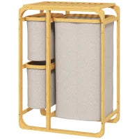 Cestino Portabiancheria in Bambù con 3 Sacchi e Ripiani in Tessuto, 50x32x69.7 cm, color Bambù e Crema